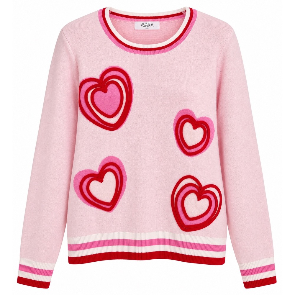 NWOT Avara Esme Sweater Pink Red Heart Applique Striped Trim Rayon Blend L